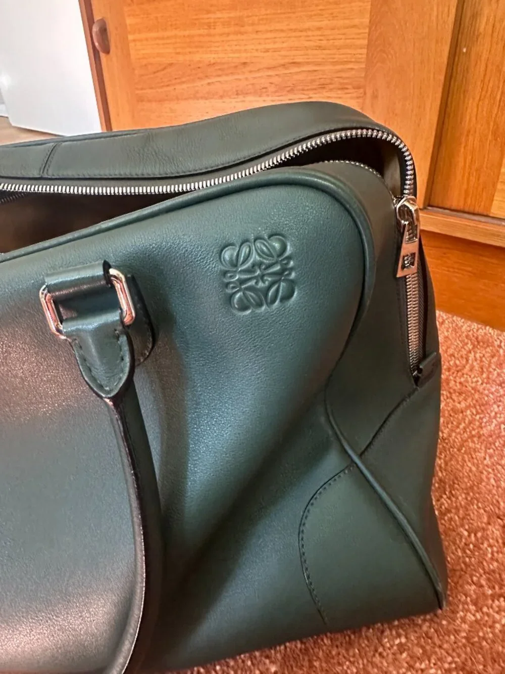 LOEWE Leather Boston / Weekender Travel Bag – Forest Green (RARE) with Dust Bag - Picture 6 of 14